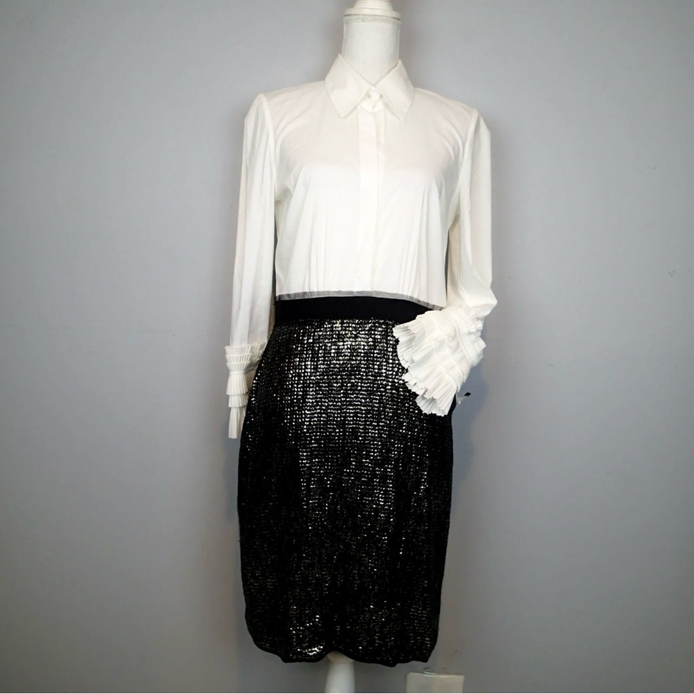 Bcbg MazAxria black and white pleated cuffs long sleeves dress Size 4